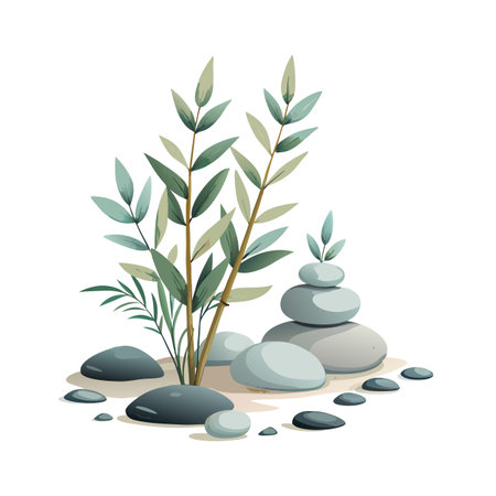 Serene zen garden illustration featuring balanced stones and bamboo shoots against a white backdropのイラスト素材