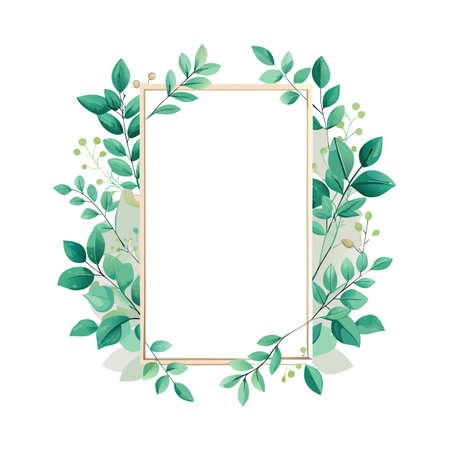Elegant gold frame adorned with lush green foliage and leaves, perfect for invitationsのイラスト素材