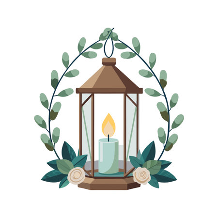 Lantern with Candle Surrounded by Floral Wreath, Illustration for Greetings and Decorationsのイラスト素材