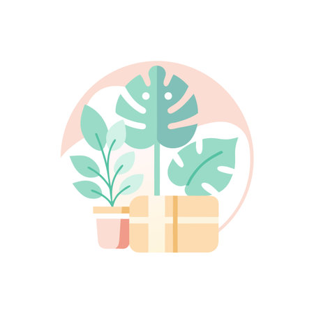 Flat illustration featuring plants and a gift box with pastel colors in round designのイラスト素材