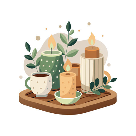 Cozy Still Life with Candles, Coffee Cup, and Greenery on Wooden Trayのイラスト素材