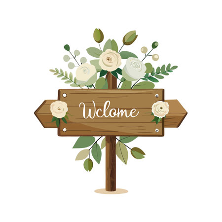 Welcome Sign with Floral Accents: Illustration of a Charming Wooden Directional Sign with Rosesのイラスト素材
