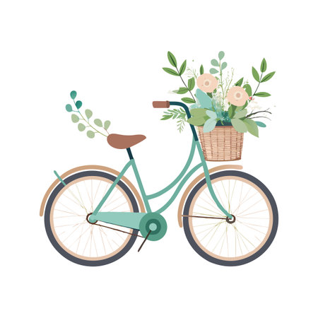 Vintage bicycle with flowers in basket, soft pastel colors and clean, elegant presentationのイラスト素材