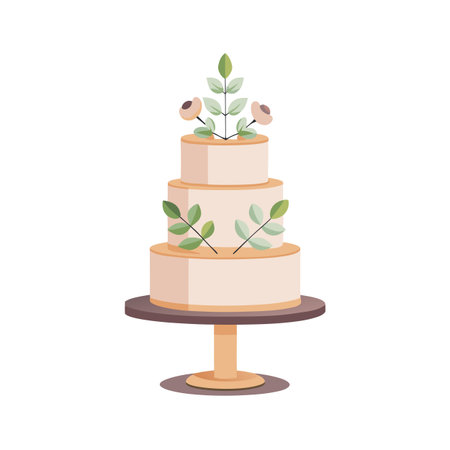 Three tier wedding cake decorated with flower and leaves, set on a standのイラスト素材