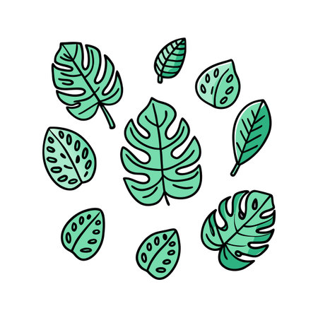 Tropical Green Leaf Doodle Set Illustration on White Background for Summer Designのイラスト素材