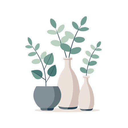 Elegant plant arrangement featuring stylized foliage in vases and a pot on white backgroundのイラスト素材