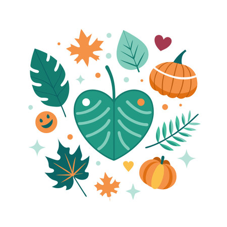 Autumnal botanical illustration with pumpkins and leaf shapes in cheerful flat design.のイラスト素材