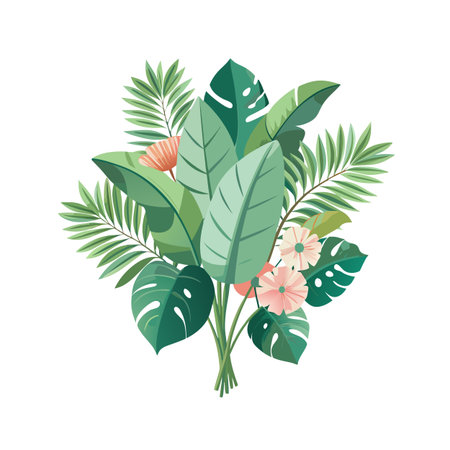 Tropical Leaf Bouquet with Pink Flowers on White Background, Isolated Vector Illustrationのイラスト素材