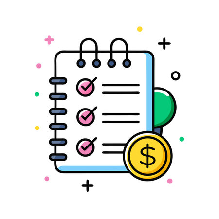 Financial checklist with coin, illustrating budget planning and task completion in a flat design styleのイラスト素材