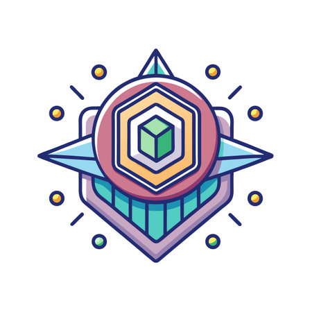 Abstract Geometric Badge with Cube Icon in Circular Frame for Digital Applicationsのイラスト素材