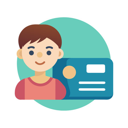 Illustration of a boy with a business card against a teal circle, flat designのイラスト素材