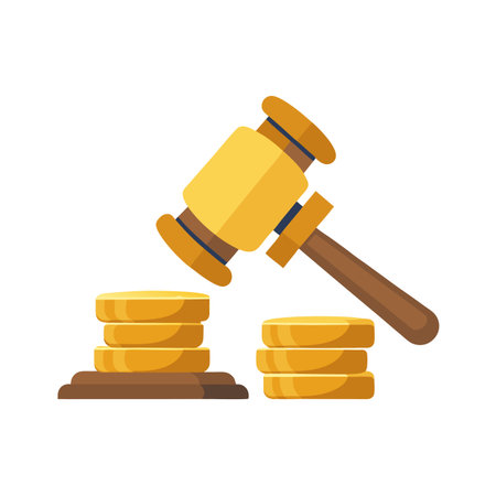 Flat Illustration of a Gavel and Stacks of Gold Coins Representing Legal Feesのイラスト素材