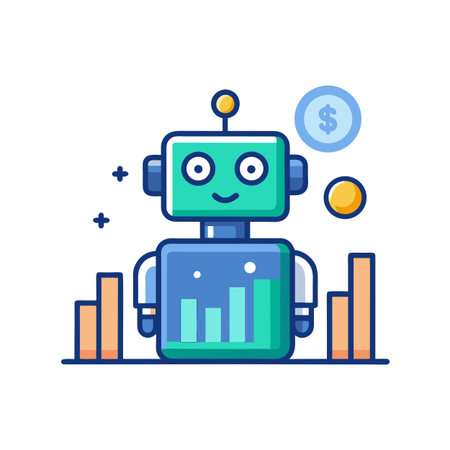 Cartoon Robot with Rising Chart and Dollar Coin Symbolizes Financial Growth and Technologyのイラスト素材