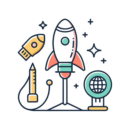 Modern flat design of a retro rocket launch with world globe and starsのイラスト素材
