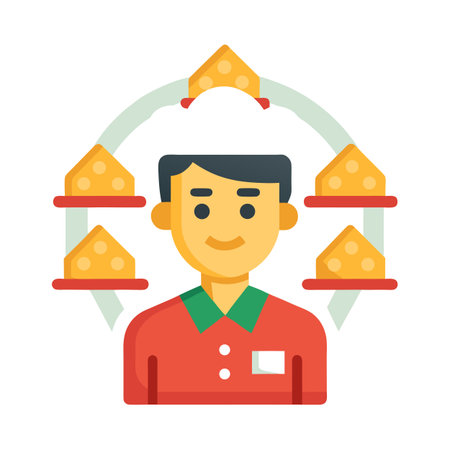 Cartoon illustration of a man surrounded by cheese pieces in flat styleのイラスト素材