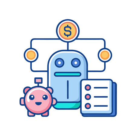Cartoon style illustration of automated finance showing a robot, piggy bank, and financial data.のイラスト素材