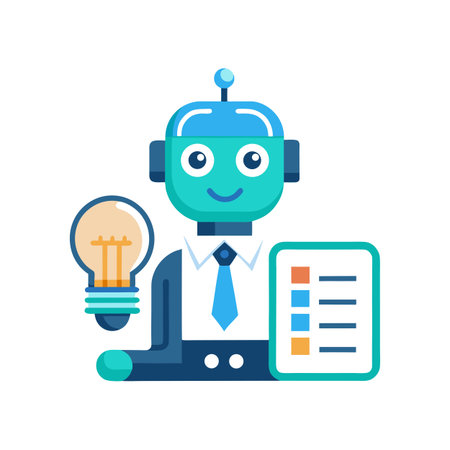 Flat vector illustration of a robot holding a lightbulb and a checklist for business solutionsのイラスト素材