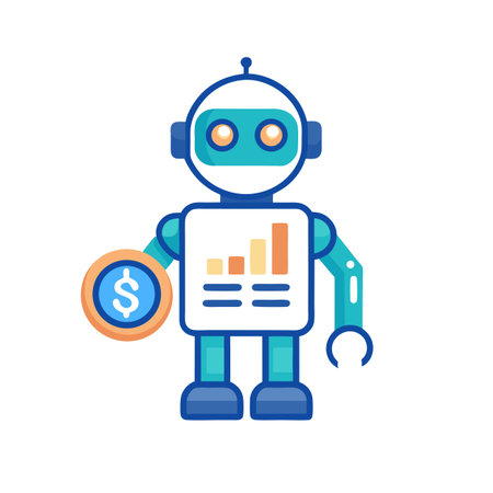 Cartoon Robot Depicting Finance and Technology Trends Holding Currency With Stock Chartのイラスト素材
