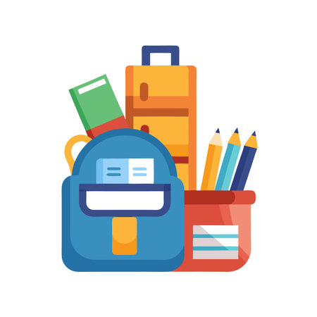 Colorful School Supplies Icon with Backpack, Pencils, and Textbook on White Backgroundのイラスト素材