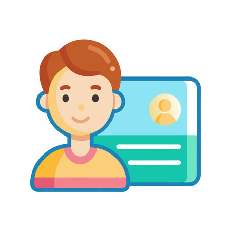 Boy avatar next to digital card, flat illustration for profile user interfaceのイラスト素材