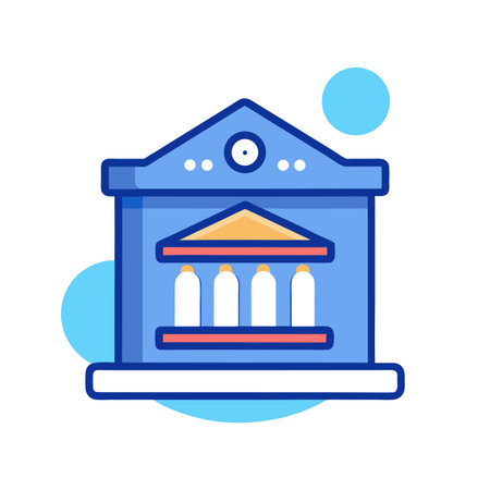 Stylized Bank Icon Illustration with Blue and Coral Accents, Isolated on Whiteのイラスト素材