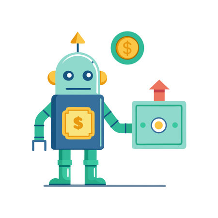 Flat vector illustration of a robot promoting financial growth and investment strategyのイラスト素材
