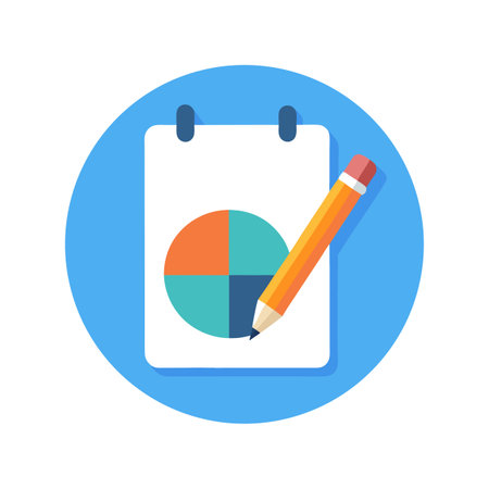 Flat design business report icon with pie chart and pencil on blue circle.のイラスト素材