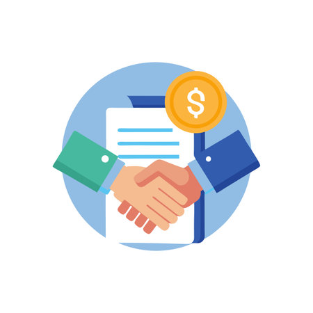 Business Agreement: Handshake with Contract and Currency Icon on a Light Blue Circle Backgroundのイラスト素材