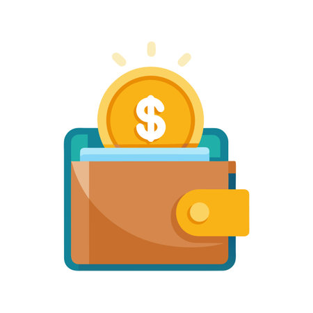 Flat vector design of a wallet with a dollar coin illustrating wealth and earnings.のイラスト素材
