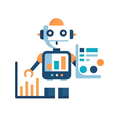 Flat illustration of a robot analyzing bar charts and financial data, isolated on whiteのイラスト素材