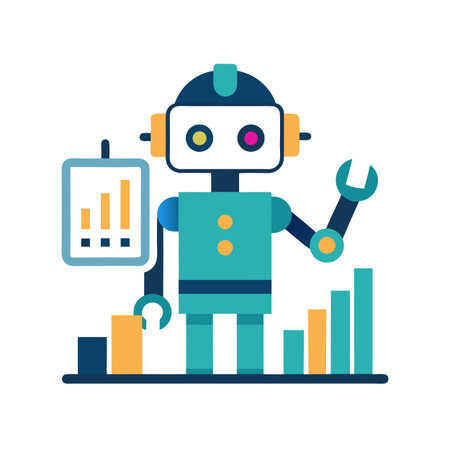 Cute robot character with graph and wrench illustration for technology or business presentationのイラスト素材