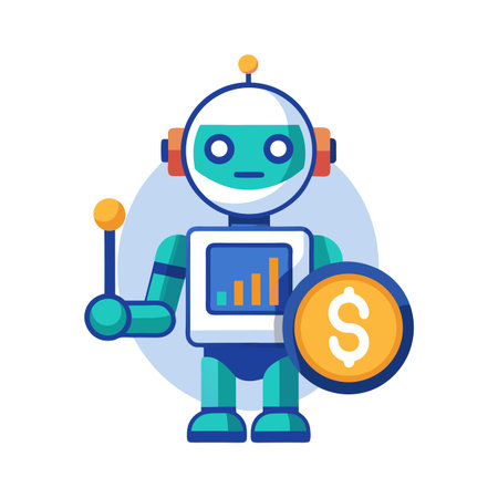 Illustration of a cute, friendly robot analyzing financial data and holding a gold coinのイラスト素材