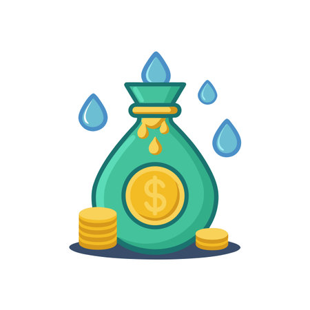 Leaky Money Bag with Coins and Water Droplets Representing Financial Loss or Drainのイラスト素材