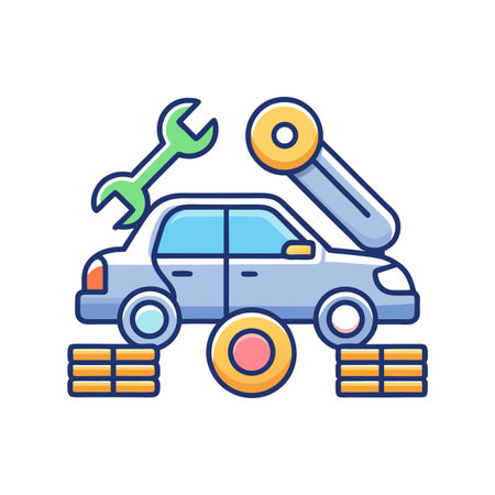 Car maintenance illustration featuring tools, car, and stacks representing maintenance costsのイラスト素材