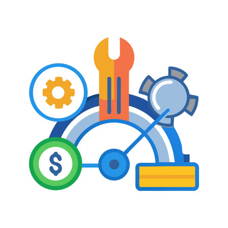 Iconographic illustration representing financial management and system optimization, utilizing various shapes and bright color accentsのイラスト素材
