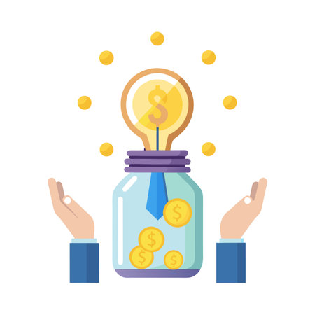 Money saving concept with lightbulb inside a jar and floating coins, business investing ideasのイラスト素材