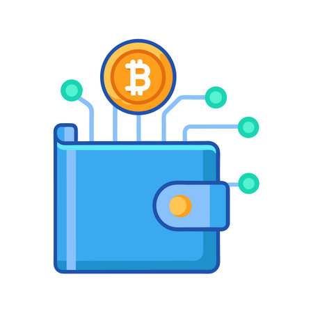 Blue digital wallet with Bitcoin and connection nodes representing cryptocurrency networkのイラスト素材