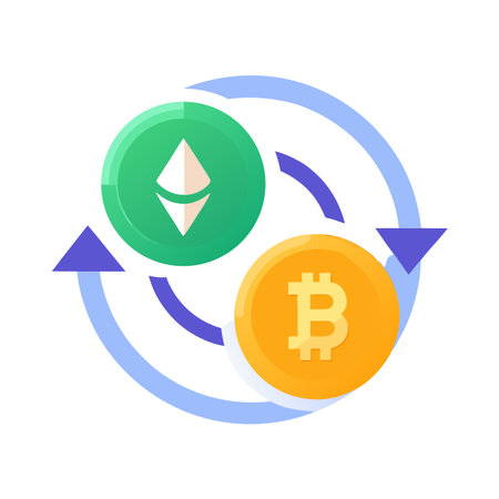 Bitcoin and Ethereum cryptocurrency exchange illustration, representing digital currency conversion and trading.のイラスト素材