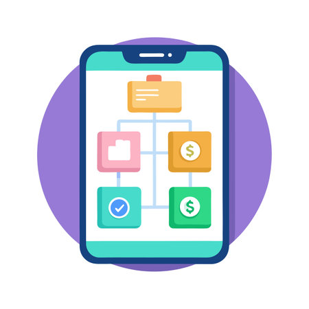 Mobile workflow diagram depicting process, steps, and financial transaction, flat vector illustrationのイラスト素材