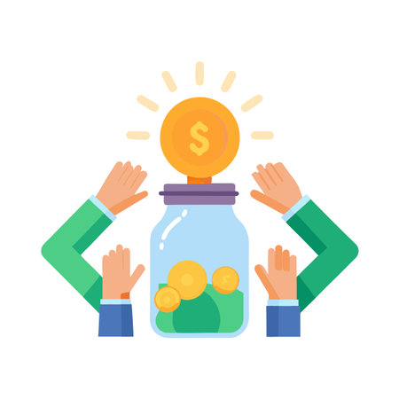 Crowdfunding Initiative: Hands Reaching for a Jar Full of Coins, Idea Generation and Investmentのイラスト素材