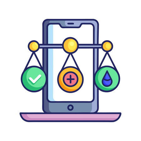 Mobile App Feature Comparison Concept: Phone display showing features for balance, health and wellnessのイラスト素材