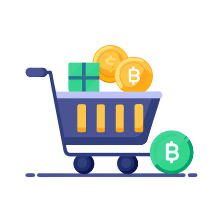 Shopping cart filled with crypto currency coins and a gift box on whiteのイラスト素材