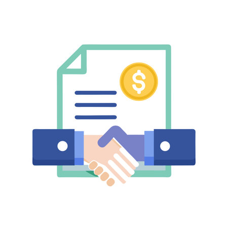 Flat design icon illustrating financial agreement completion through a handshake and a dollar coin document.のイラスト素材