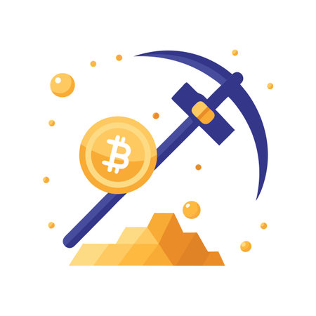 Bitcoin Mining Illustration: Pickaxe, Cryptocurrency Coin, and Gold Nuggets on White Backgroundのイラスト素材