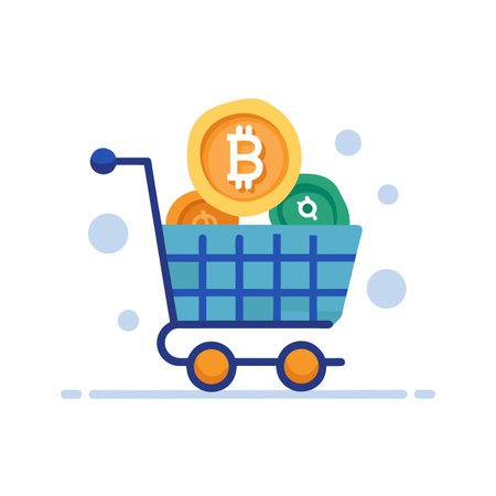 Shopping Cart Filled with Cryptocurrency Coins, Bitcoin, Investment in Digital Assetsのイラスト素材