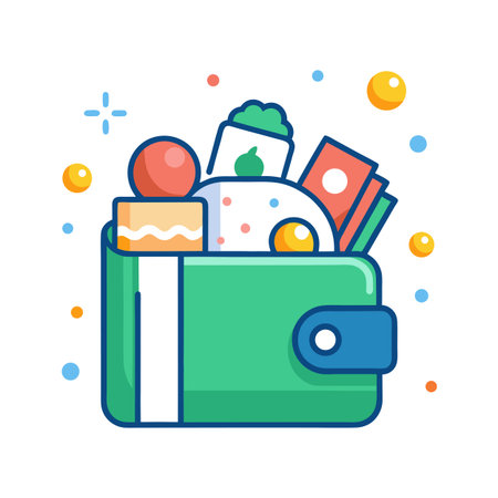 Wallet filled with cake, money and sushi illustration on white background with colourful dotsのイラスト素材