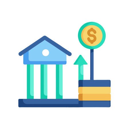 Financial growth illustration featuring a bank building and rising coin stack with upward arrowのイラスト素材