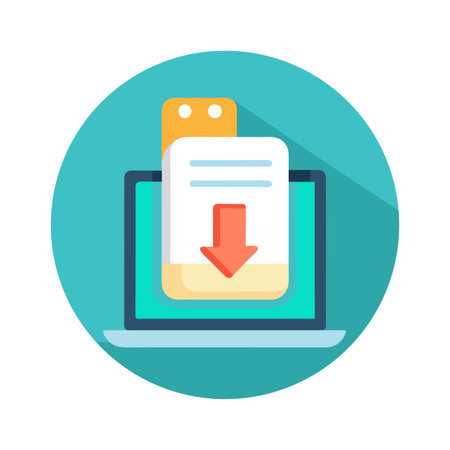 Flat illustration of data download process, symbolizing file transfer and digital connectivity on a teal backgroundのイラスト素材