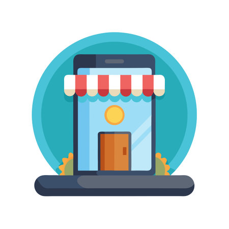 Online store icon with mobile phone shape and awning in flat styleのイラスト素材