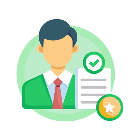 Successful Applicant Illustration: Man with Approved Document and Star Rating Badgeのイラスト素材